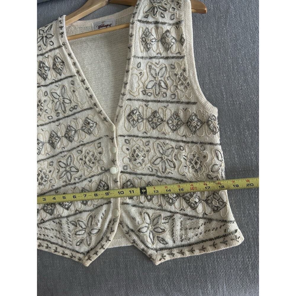 Vtg Cream Sweater Vest Beads Embroidered Flowers Grandma M/L - Picture 9 of 11
